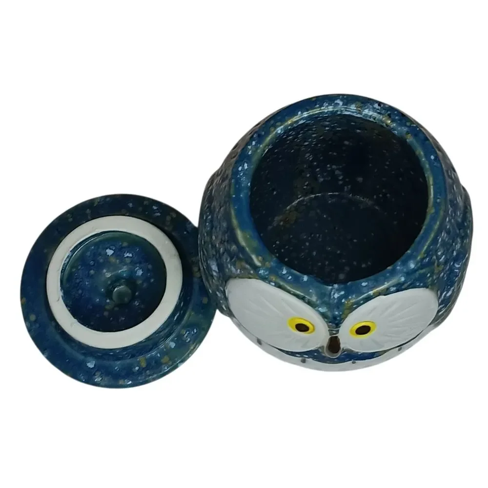 Blue & White Owl Tea Cup, Jar, Or Canister With Lid Speckled Ceramic 3.5